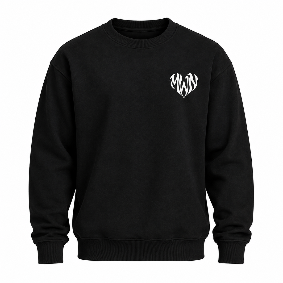 Sweat noir MWN HEART vu de face sur fond blanc, petit logo cœur blanc sur la poitrine.