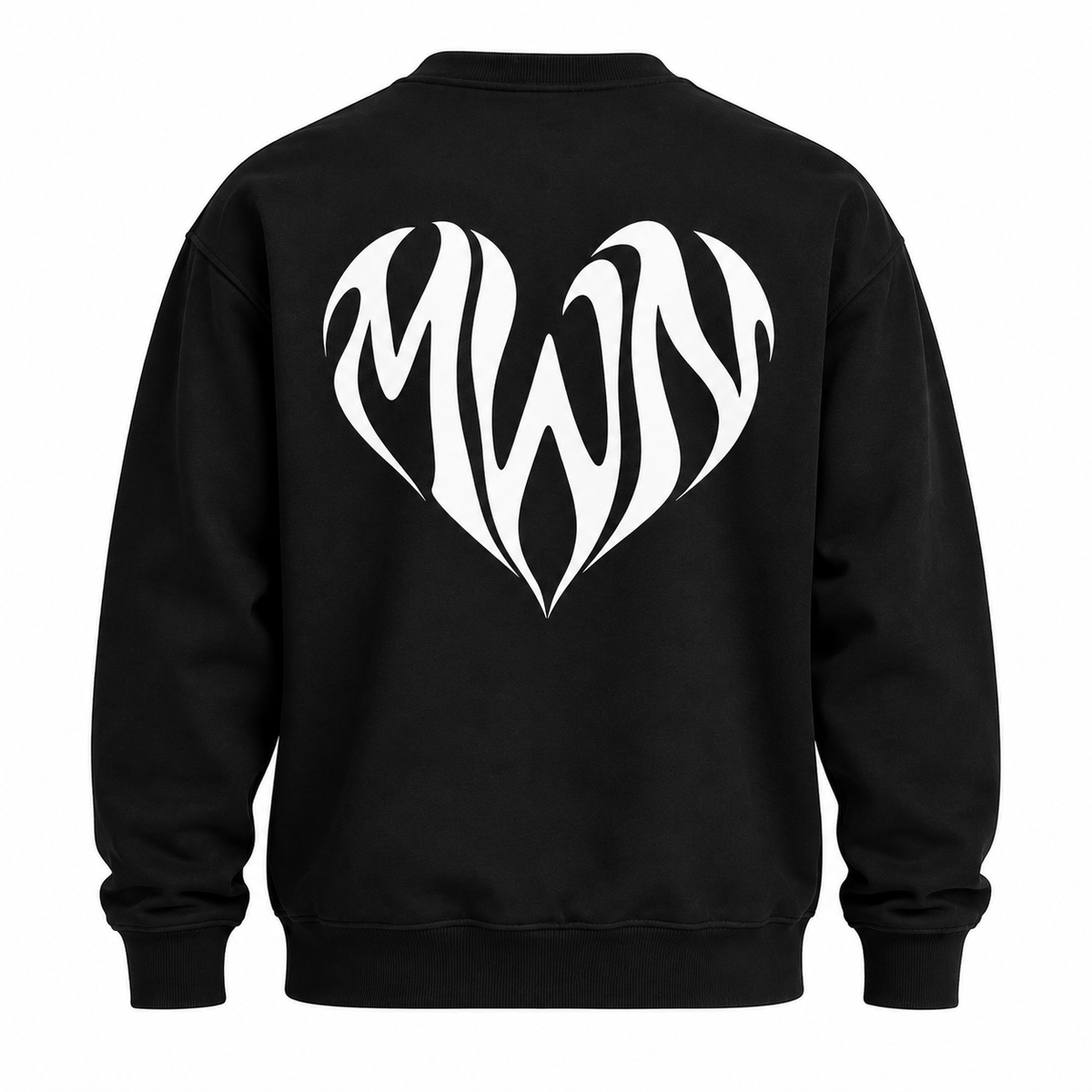 Sweat noir MWN HEART vu de dos sur fond blanc, grand logo cœur blanc
